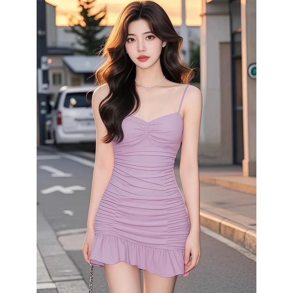 Gaun Strap Ungu Wanita Ruched Sexy Bodycon