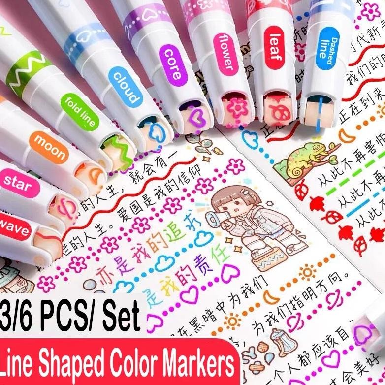 

3/6Pcs/Set Kawaii Flowers Line Shaped Highlighter Pens Roller Tip Curve Liner Marker For Writing Journaling Drawing Stationery
