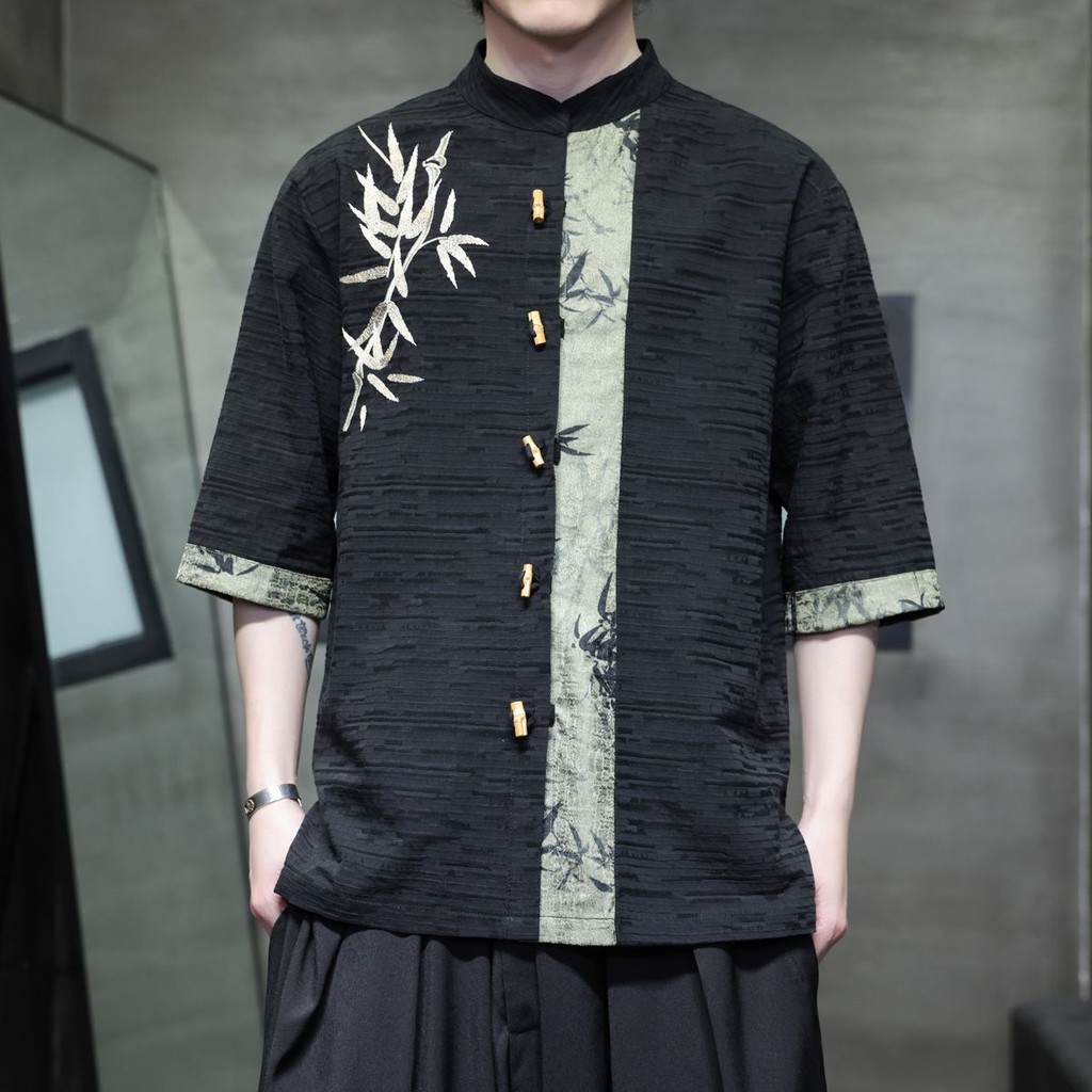 Setelan Tang Pria Gaya Cina Linen Patchwork Katun Linen/Kemeja/Kemeja