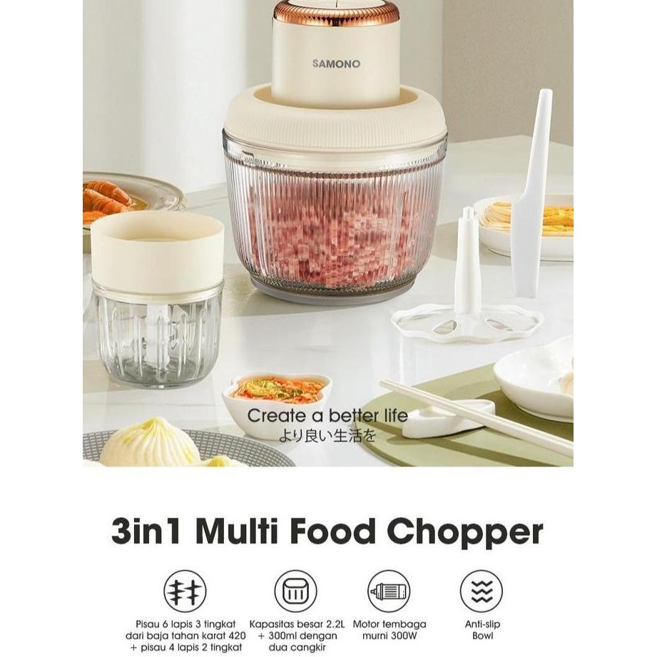 

Terlaris (Bisa Cod) Samono Chopper 3In1 2.2L + 300Ml | Mesin Penghalus Daging, Bumbu, Mpasi | 300W (Sw-Cd300)