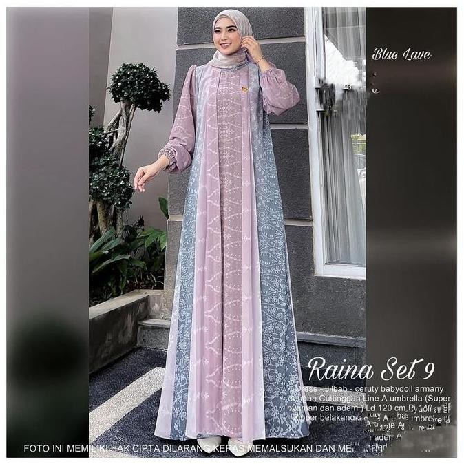 BAJU GAMIS WANITA MUSLIM RAINA 9 SET JILBAB DRESS CERUTI MOTIF CANTIK FASHION PEREMPUAN DEWASA REMAJ