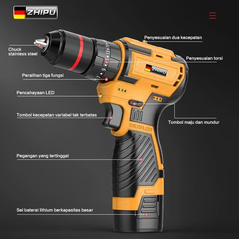 ZHIPU brushless Cordless Screwdriver 16.8V Bor listrik tanpa kabel bor baterai bor tanpa kabel Obeng