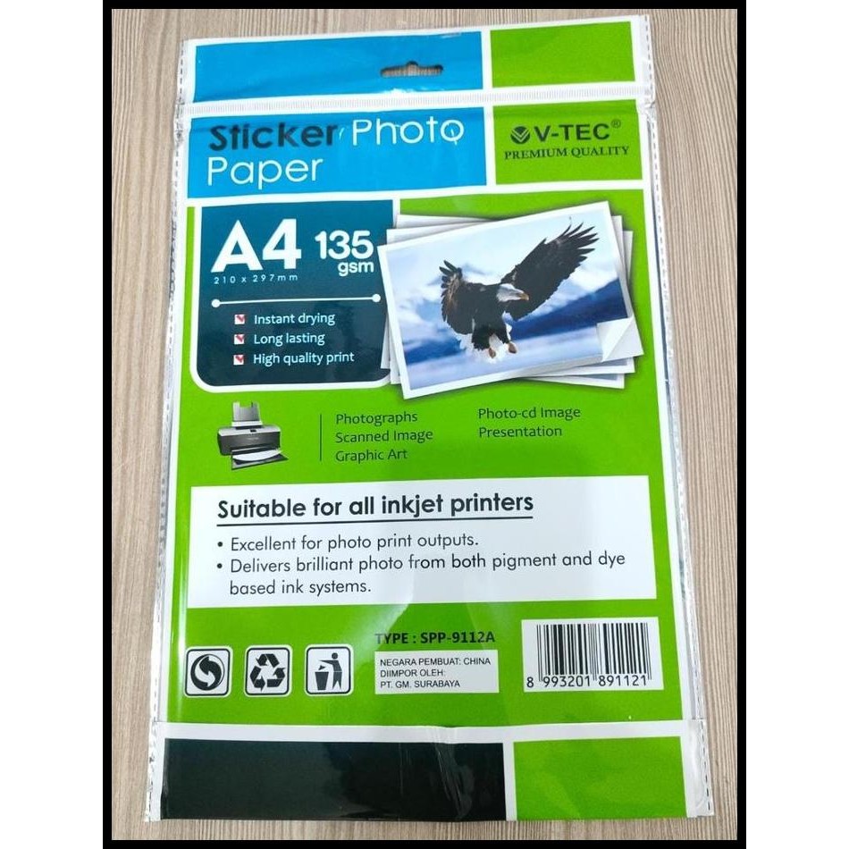 

Terlaris Kertas Foto V-Tec Sticker Photo Paper A4 135 Gsm Spp-9112 Good Quality