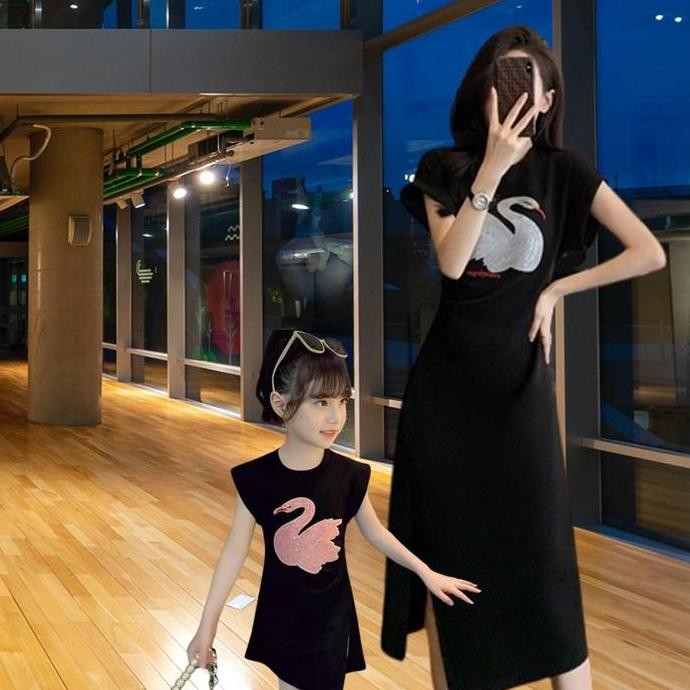 Tersedia Dress Kasual Couple Dewasa Dan Anak Perempuan Black Pink Berkualitas Span Mini Skirt Wanita
