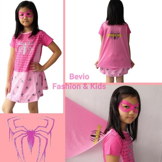 Tersedia Baju Dress Kostum Anak Cewek Superhero Spider Girl Pink Halloween spiderman perempuan