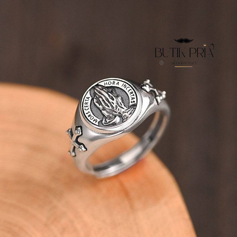 Vintage Praying Hands Ring for Men Trendy High Street Jewelry Men's Cross Open Ring