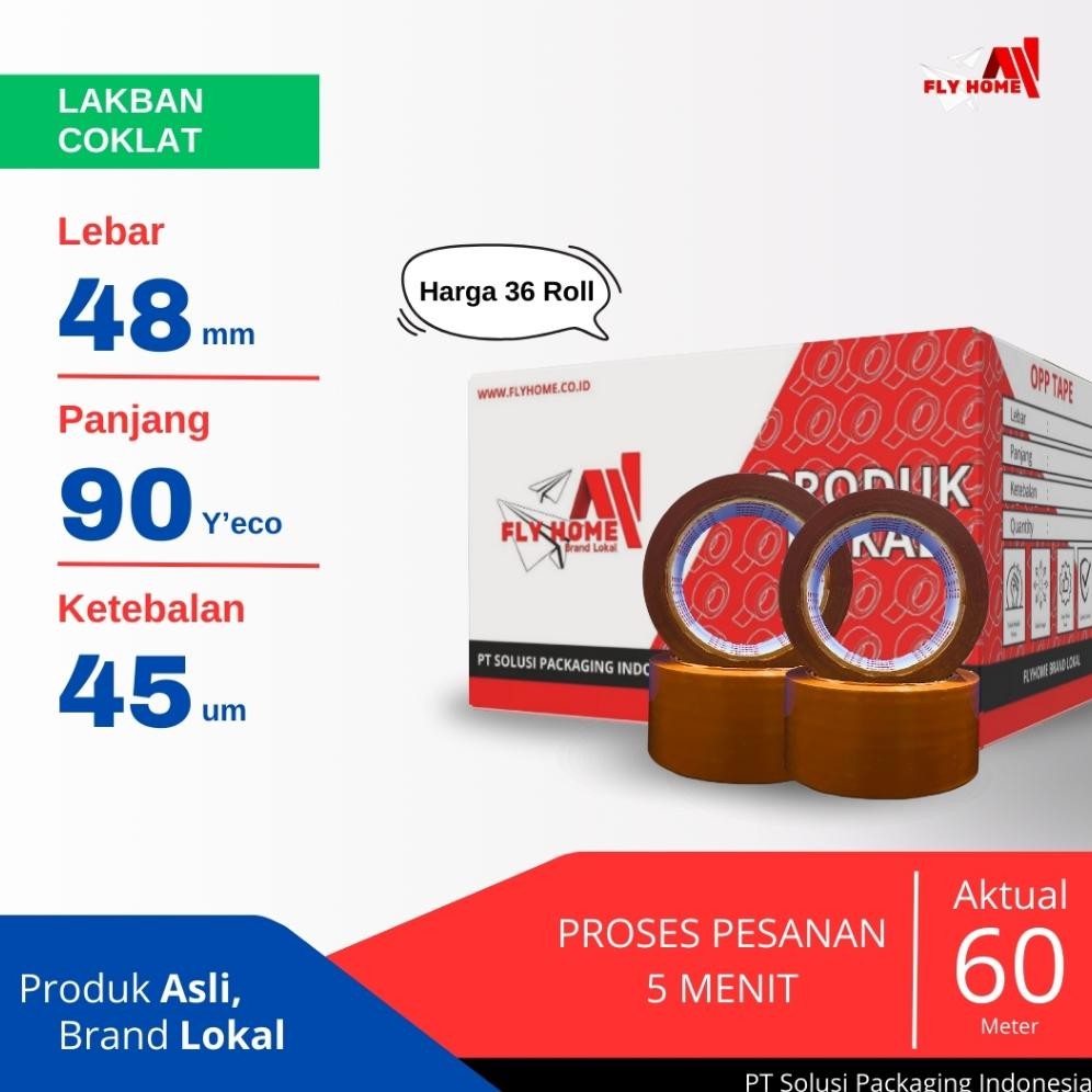 

Flyhome Lakban Coklat 1/2 Dus 90yard 2Inchi 48mm x 90yard 36 Roll 90 Yard Eco