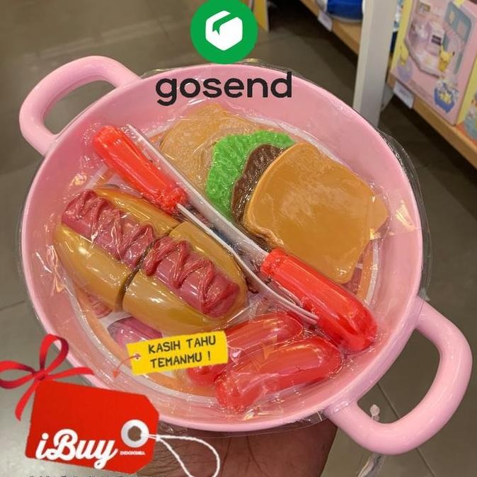 Ibuy Miniso Pretend Toy Mainan Anak Alat Masak 9Pcs Sandwich Hotdogs Sosis Wajan Pink