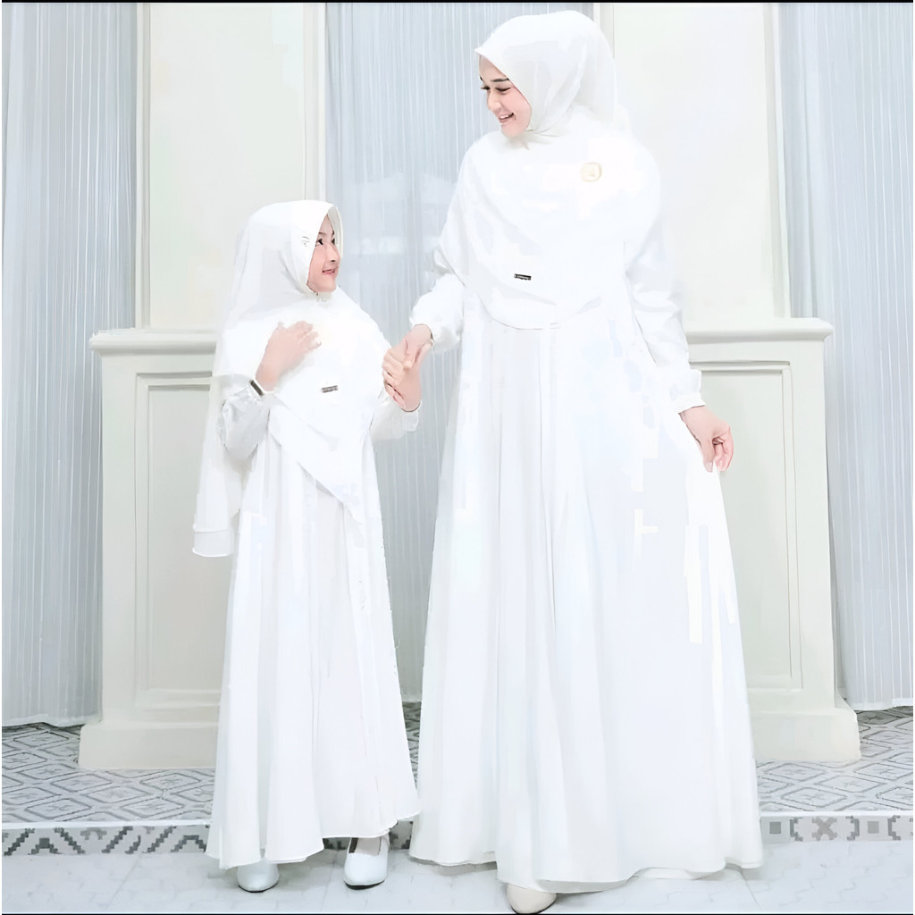 SABIRA || GAMIS PUTIH MANASIK HAJI COUPLE IBU & ANAK/BAHAN CRINKLE MIX SWAROSKY/BAJU GAMIS PEREMPUAN
