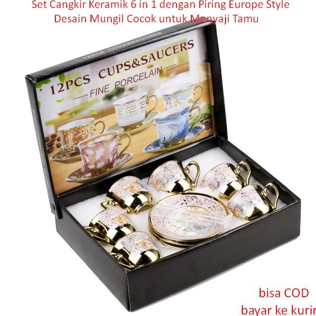 Terlaris Set Cangkir Keramik 6 in 1 dengan Piring Europe Style Desain Mungil Cocok untuk Menyaji Tam