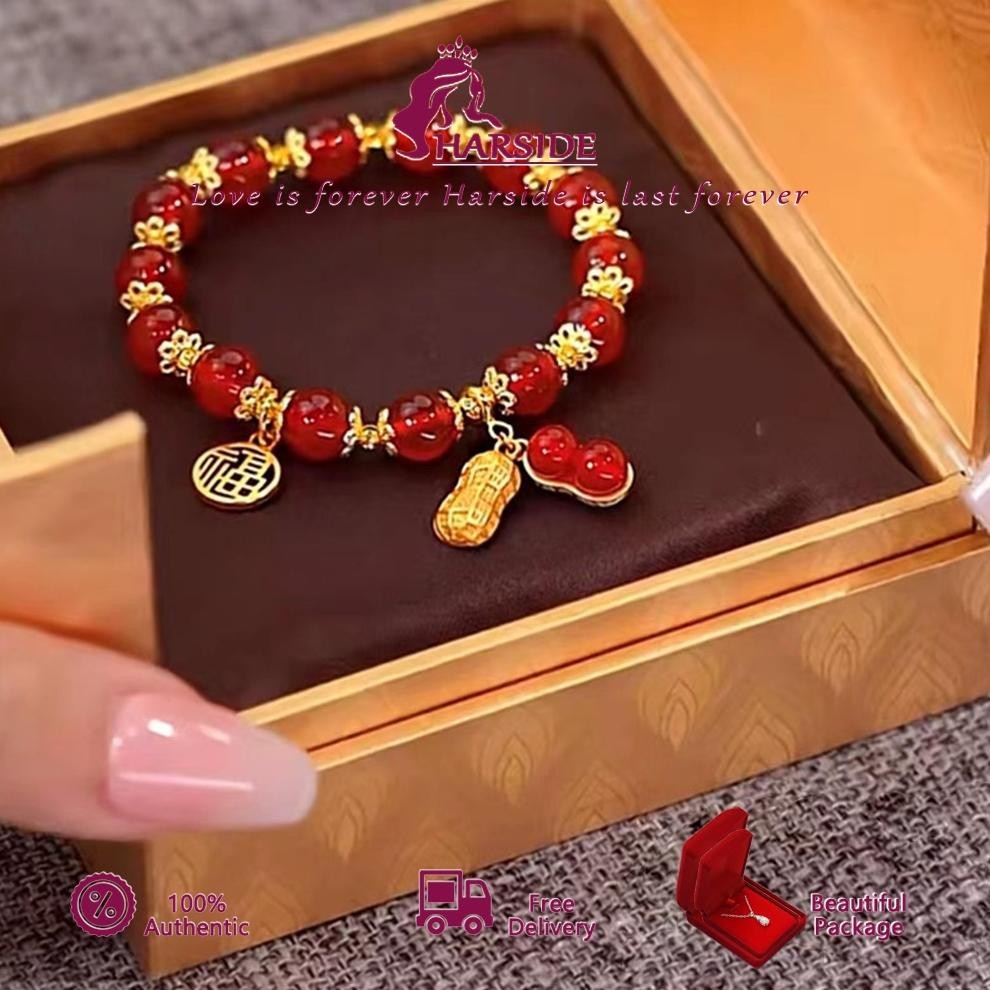 HARSIDE Gelang Giok Asli Batu Kacang Titanium/Gelang Giok Kacang Wanita Berlapis Emas 18K Anti Luntu