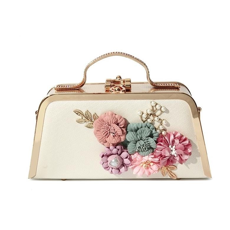 Tas Pesta Cantik Mewah Tali Rantai Flower Fabric Tas Pesta Import Mewah Kondangan Murah Elegan Gold 