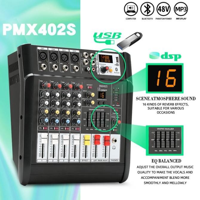 MIXER AUDIO PROFESIONALPMX402D/PMX402S TERMASUK MIKROFON NIRKABEL UHF