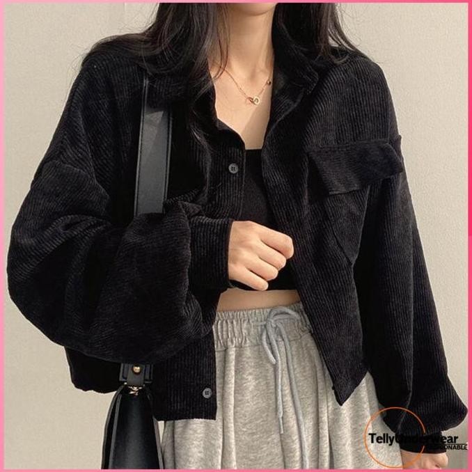 Tersedia TELLY 041 Jaket Corduroy Wanita Outer Crop Jacket Hitam Retro Style Vintage Pakaian Wanita 