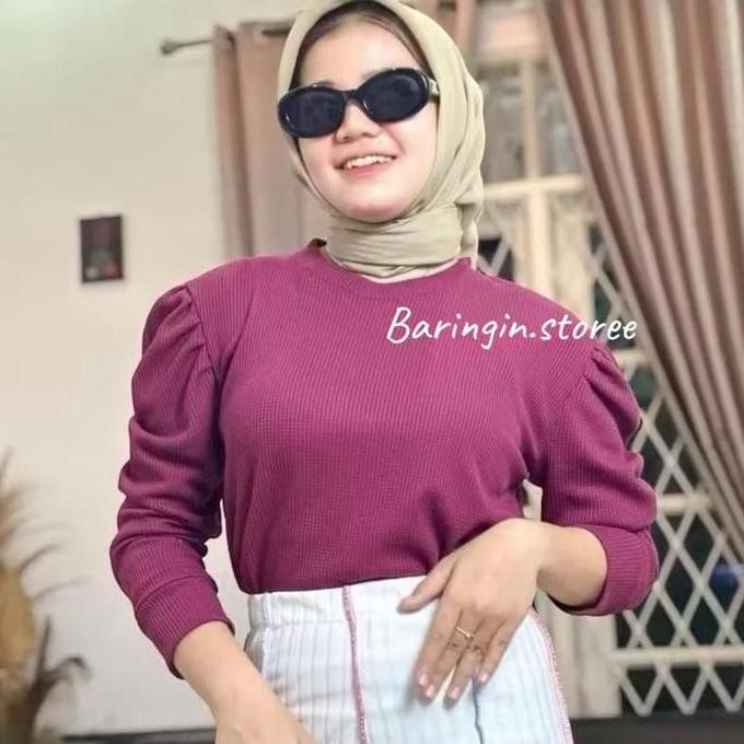 (Expert) blouse waffle puffy lengan balon wanita/ blouse korean kekinian