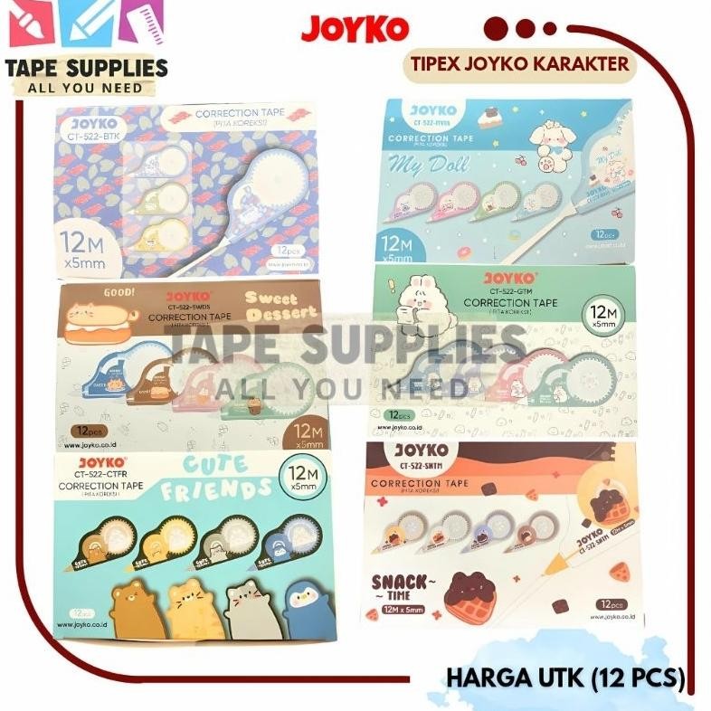 

(12 pcs) Tipe x Kertas karakter CT-522 LENGKAP / Correction Tape / Pita Koreksi JOYKO KARAKTER