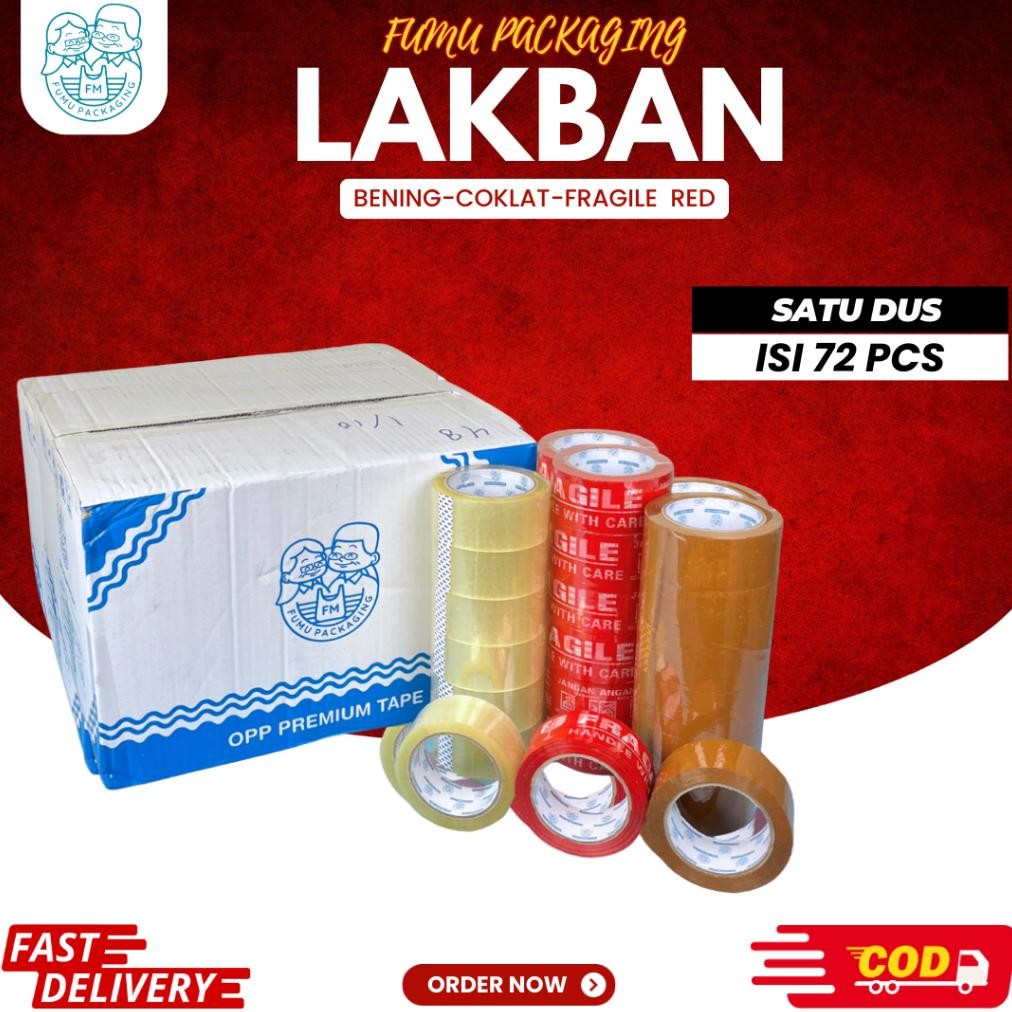 

Lakban Fragile / Lakban Bening / Lakban Coklat 50Yard / 72Yard / 90Yard / 100Yard / Solatif Murah AST