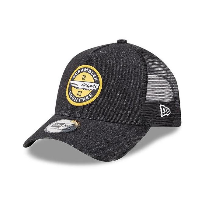 Ducati Motor Logo Denim Black A-Frame Trucker Cap New Era. Topi Unisex