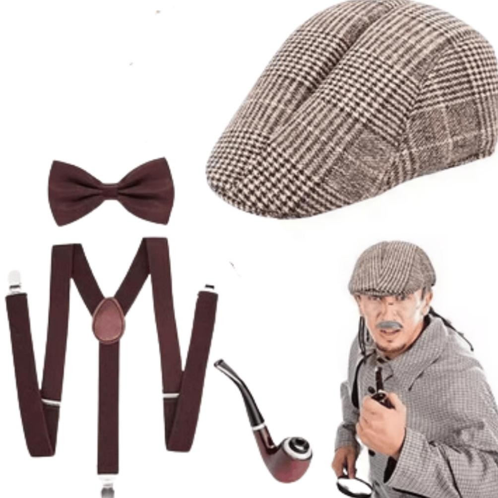 sfI KIAMA - Set Suspender Topi Dasi Kupu Coklat Vintage Detektif Enola Holmes Outfit Yearbook AST