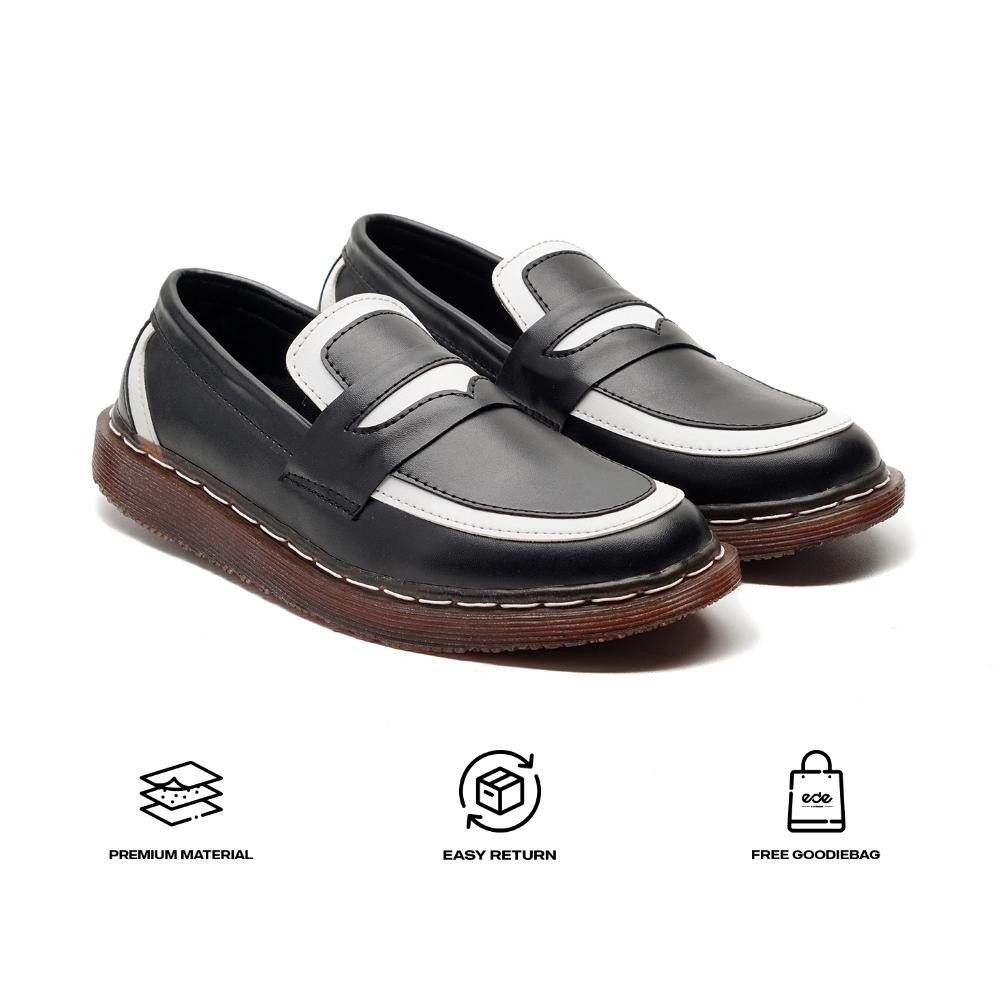 Edefootwear LUNA - Sepatu Slip on Penny Loafers  Kulit Casual Hitam Putih Pria