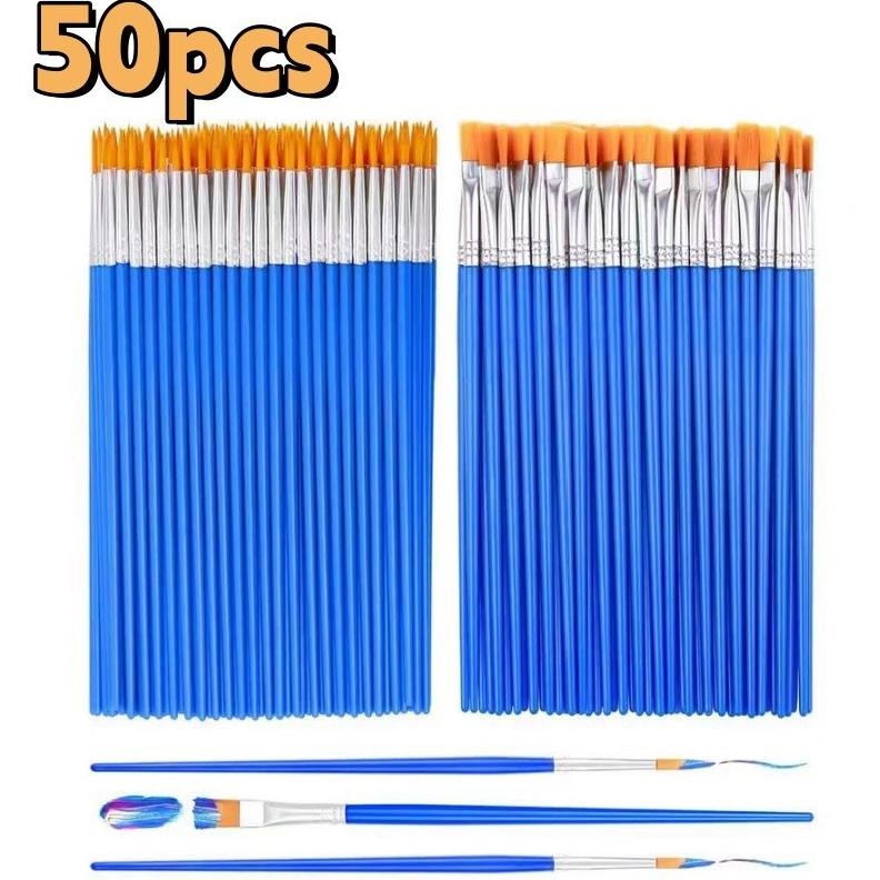 

50 pcs, Set Kuas Akrilik Ujung Datar, Kuas Artis Bulu Nilon, Kuas Cat Air Biru AST