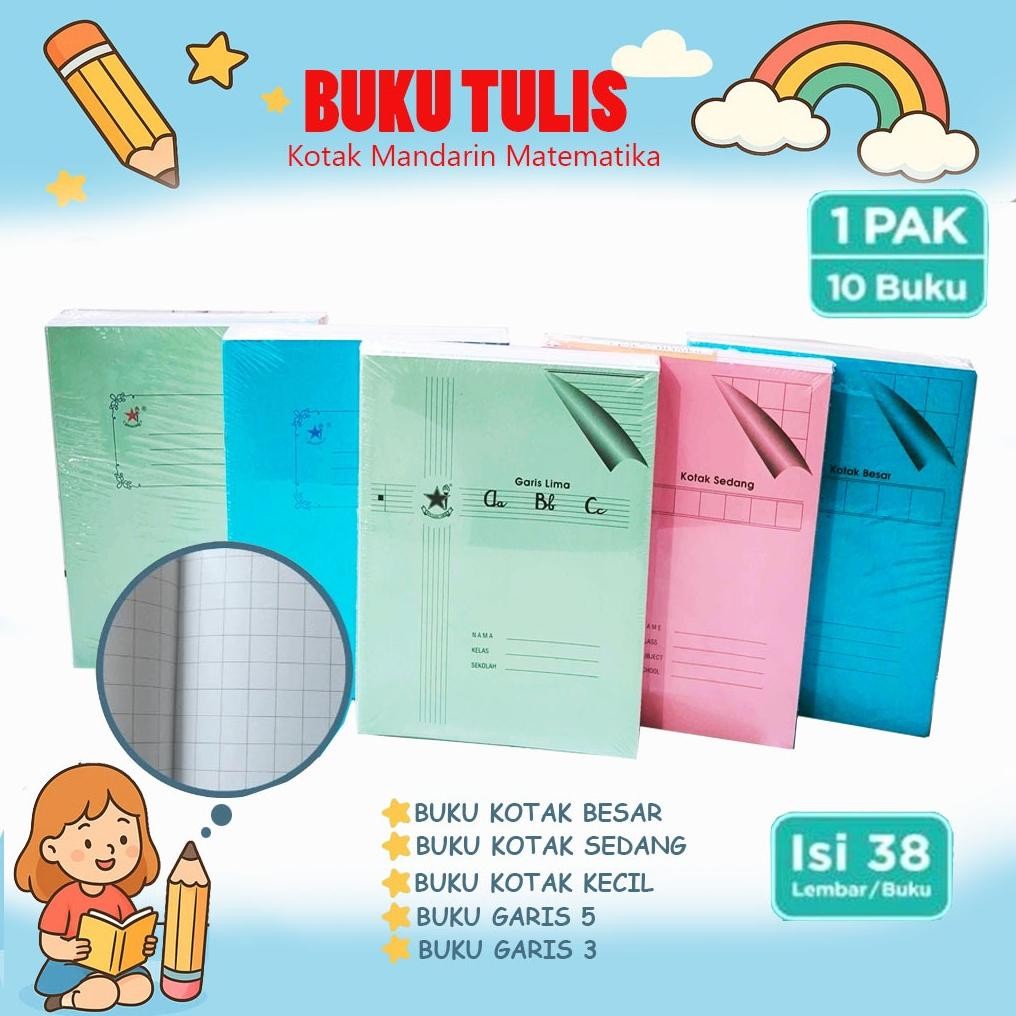 

10 Buku Tulis Kotak Besar Mandarin / Kotak Sedang / Kotak Kecil / Garis 5 / Garis 3 / Matematika Bintang Obor 38 lembar AST
