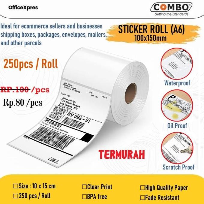 

(100 Pcs) Kertas Label Sticker 100X150Mm / Thermal Label Pengiriman A6 100 X 150 New Stok