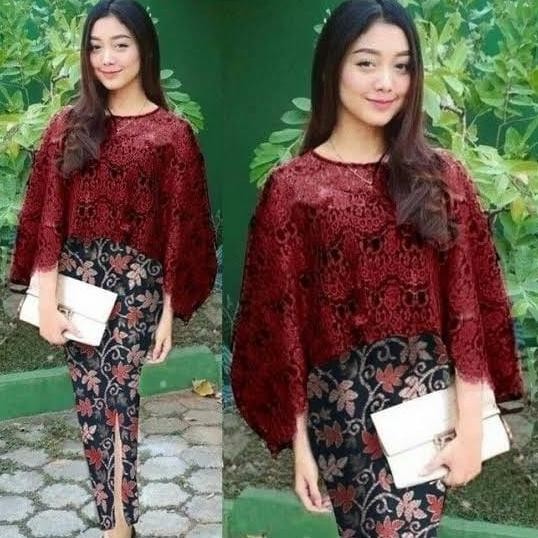 Kebaya Wanita Cape Brukat Modern Set Kebaya Wisuda Rok Panjang Model Lengan Batwing Kelelawar Lebar 