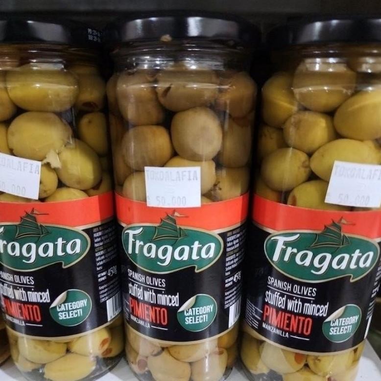 

ready Zaitun Hijau Fragata 450gram / Spanish Olives Stuffed with minced Pimiento 450gram murah