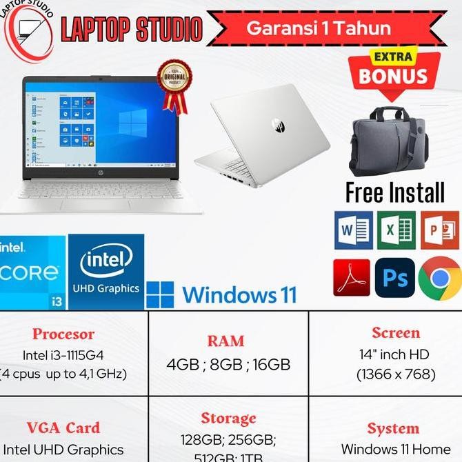 Laptop Baru HP 14 Intel Core i3 1115G4 (Gen 11)  RAM 16GB SSD 1TB