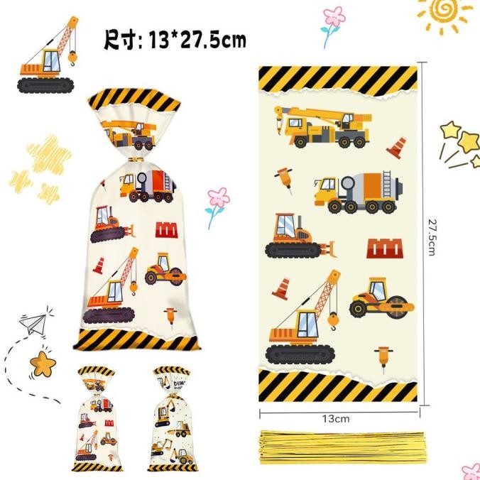 

ready stock 50 PC PLASTIK KEMASAN BINGKISAN KUE SNACK HAMPERS MOTIF EXCAVATOR TRUK