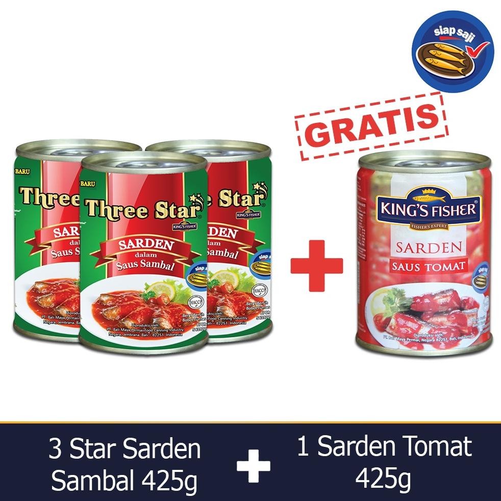 

ready King's Fisher Three Star Paket 4 pcs Sarden saus Sambal Tomat 425g Makanan Kaleng murah