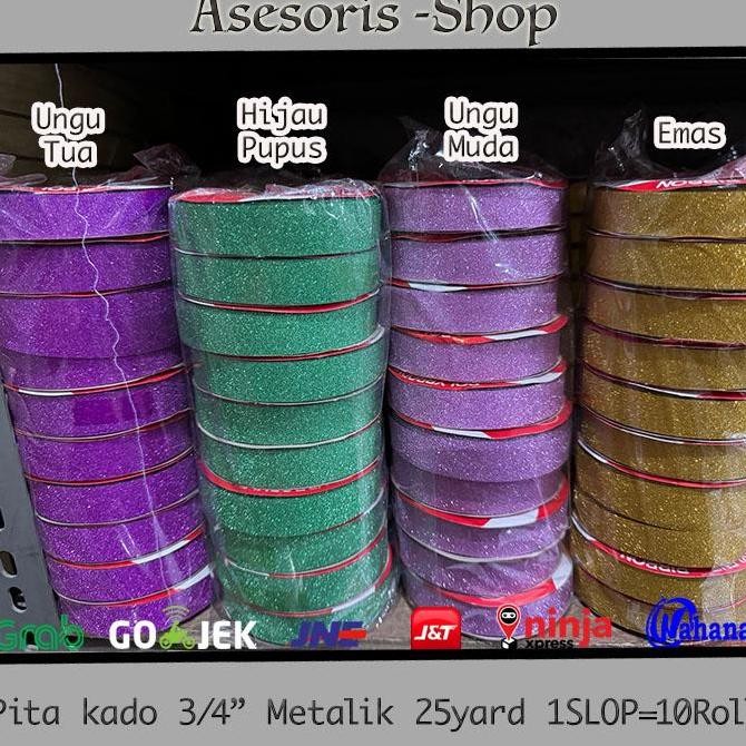 

ready stock Pita Kado Metalik Polos | Pita Kado Glitter | Pita Kado Metalik 3/4" = 25 yards 1 SLOP = 10 Roll