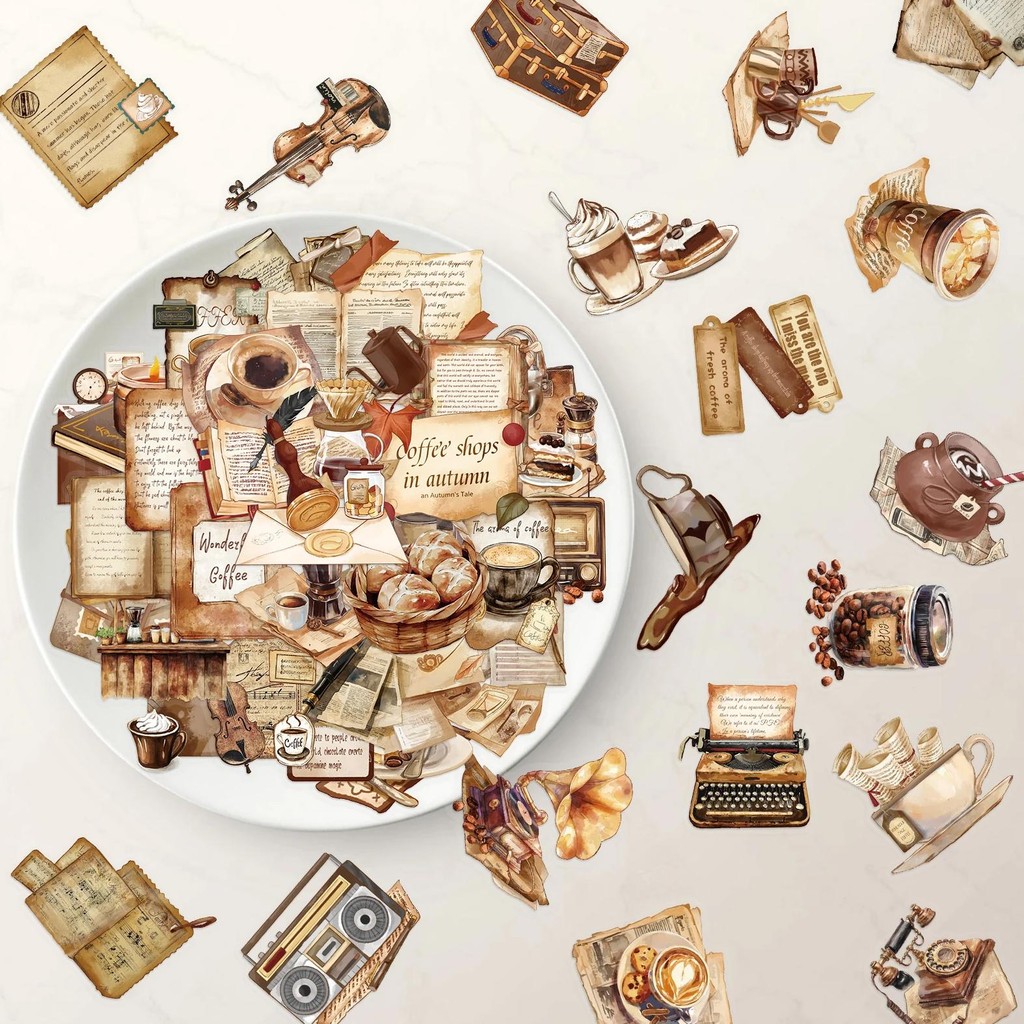 

50PCS Retro Coffee Shop Element Stickers Exquisite Hand Account Materials Phone Cases Laptop Suitcases Water Cups Waterproof