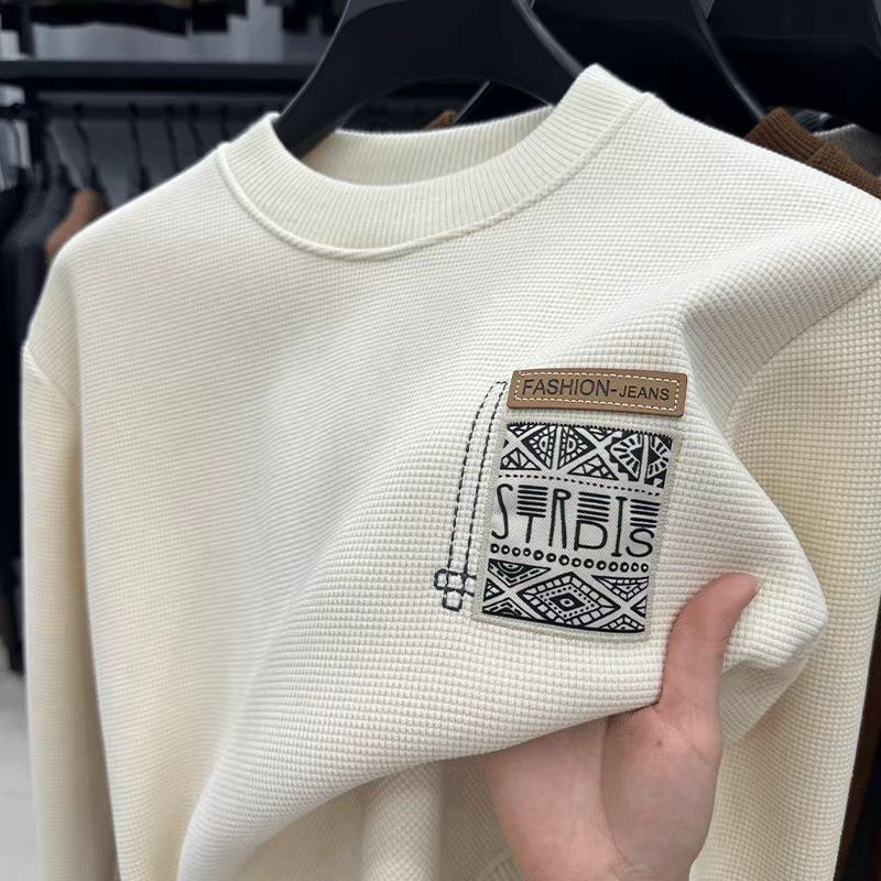 Men's Spring and Autumn New Loose Round Neck Waffle Pullover Youth Base Sweatshirt