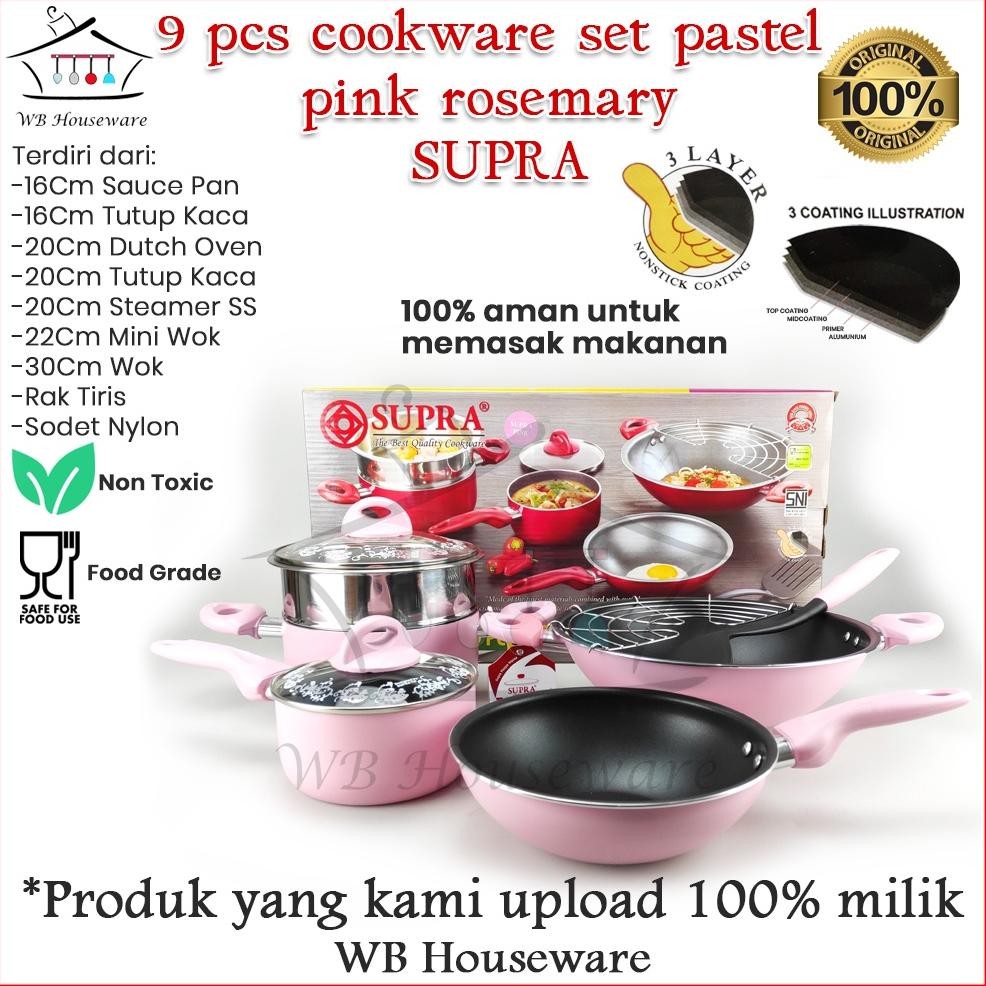 termurah panci set 9pcs supra rosemary pink cookware set original anti lengket