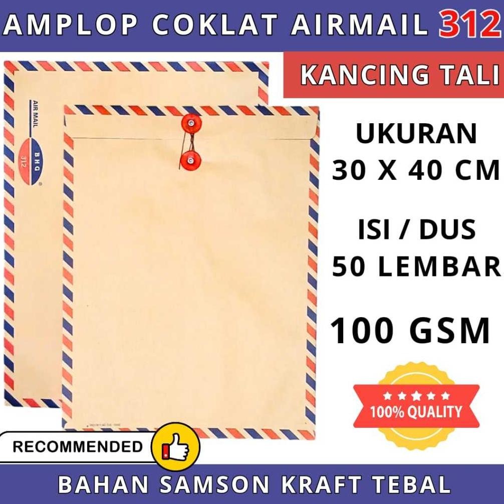 

Baru Amplop Coklat Airmail Kancing Tali 312 BHG 100gr Amplop Folio Tali