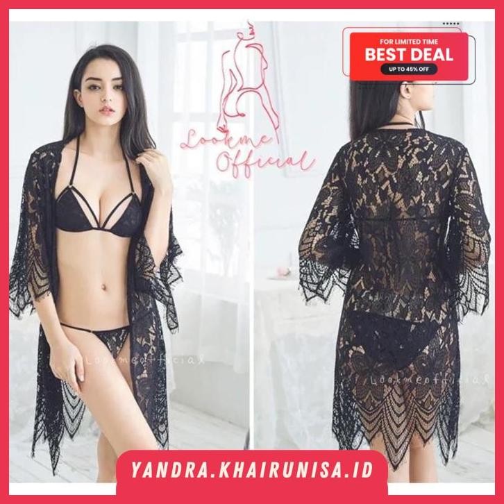 SET LINGERIE WANITA  IN  BRA + GSTRING + OUTER CARDIGAN RENDA HOLLOW SEXY ROBE LACE BABYDOLL MURAH L