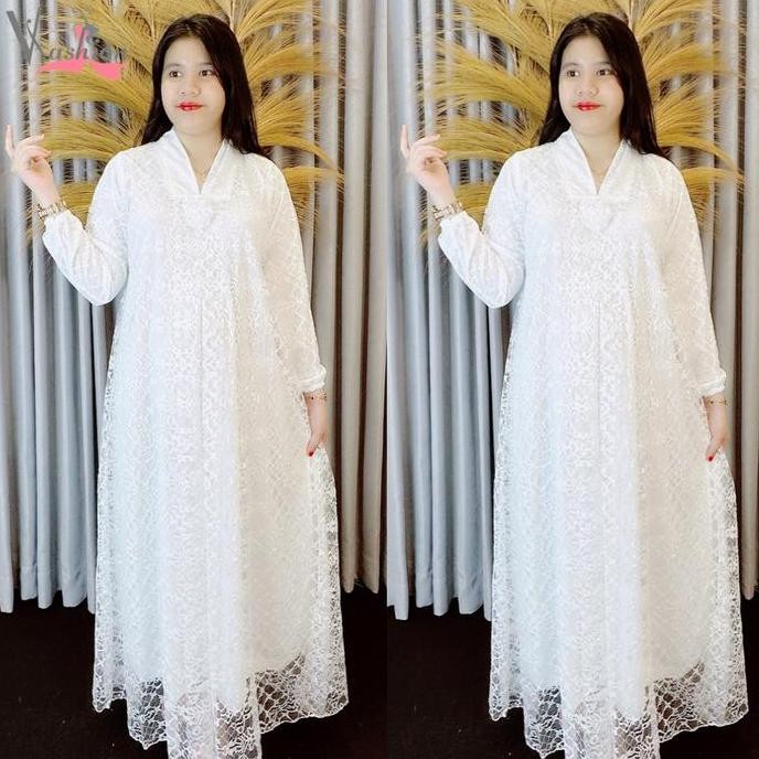Gamis Brukat Tile Polos Putih Kartini A-Line Baju Muslim Vima 75385