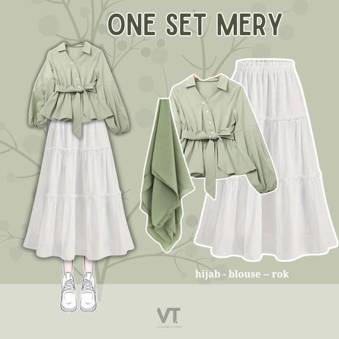One Set Mery (Hijab, Blouse, Rok) Setelan Baju Wanita hijab OOTD Korea Style