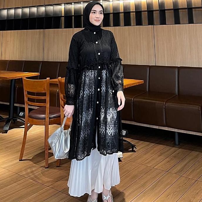 Black Outer Tunik Brukat Cardigan Brokat Lengan Panjang Outer Hitam atasan outher brukat Outer Broka