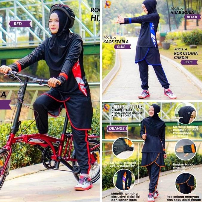 Set Kaos Celana Jilbab sepeda jogging olahraga wanita Muslimah Rocella