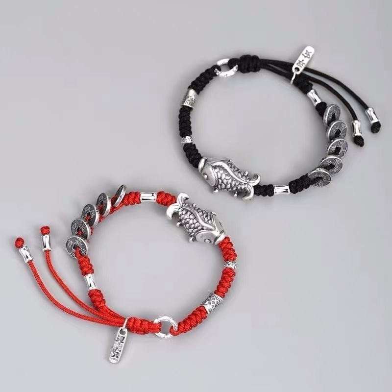 Gelang Koin Ikan Mas 999 Lima Kaisar Anyaman Perak Murni Unisex
