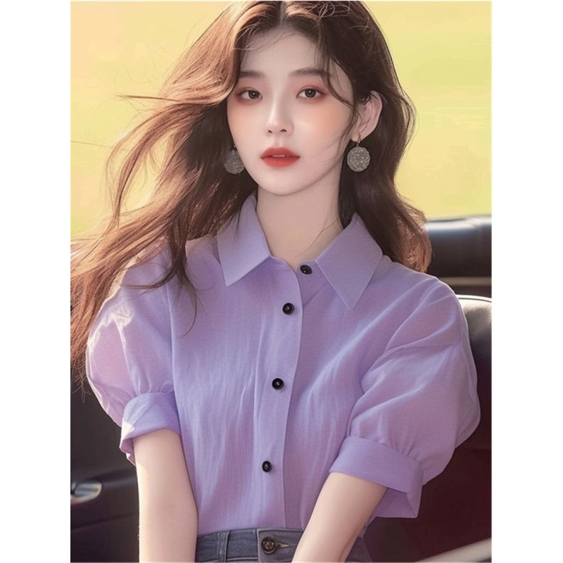 Blus Wanita Berkualitas Tinggi dalam Warna Ungu Muda Polo Kemeja Pendek Lengan Puff