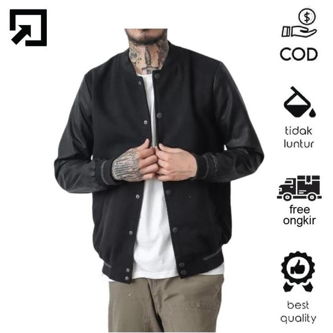 Jaket Hitam Polos Semi Leather Motor Pria Jaket Varsity Baseball Vintage Polos Urband (Best Quality)