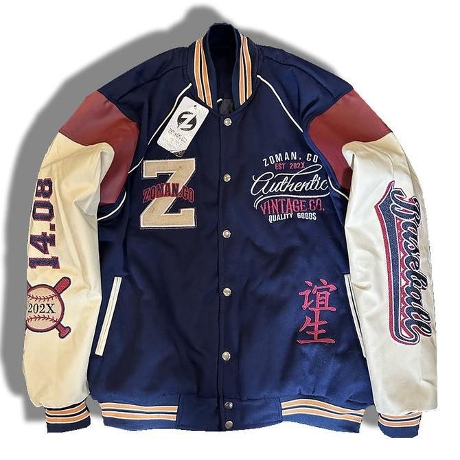 Jaket Vintage Full Bordir Pria Dan Wanita|Varsity Bomber Navy Blue Fleece Kombinasi Lengan Semi Kuli