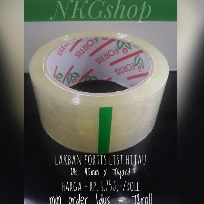 

Lakban Fortis/OPP fortis list hijau uk.45mmx70yardmin 1dus 72roll