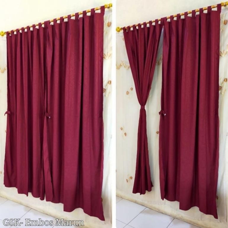Evy-510 [ Pintu Dan Jendela ] Gorden Tali + Poni Motif Embos / Emboss / Polos Merah Maroon