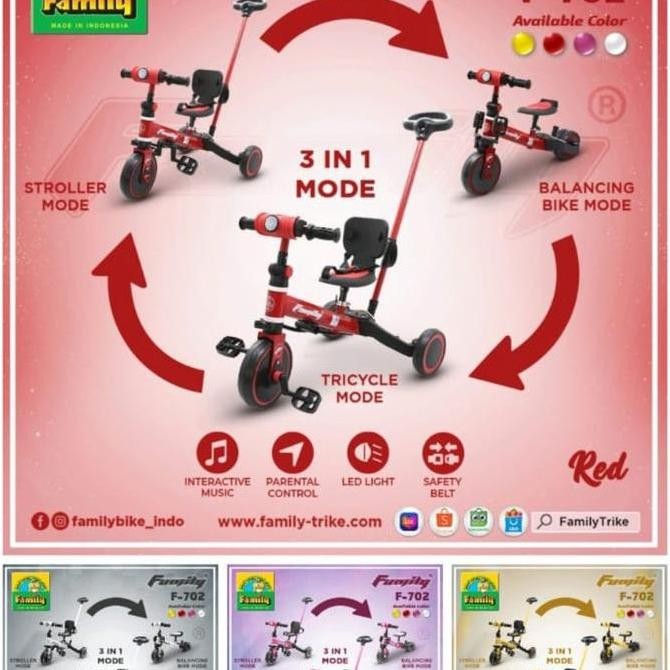 NEW Tricycle Sepeda Roda 3 Balance Bike Family F702 F-702 F 702 3 In 1