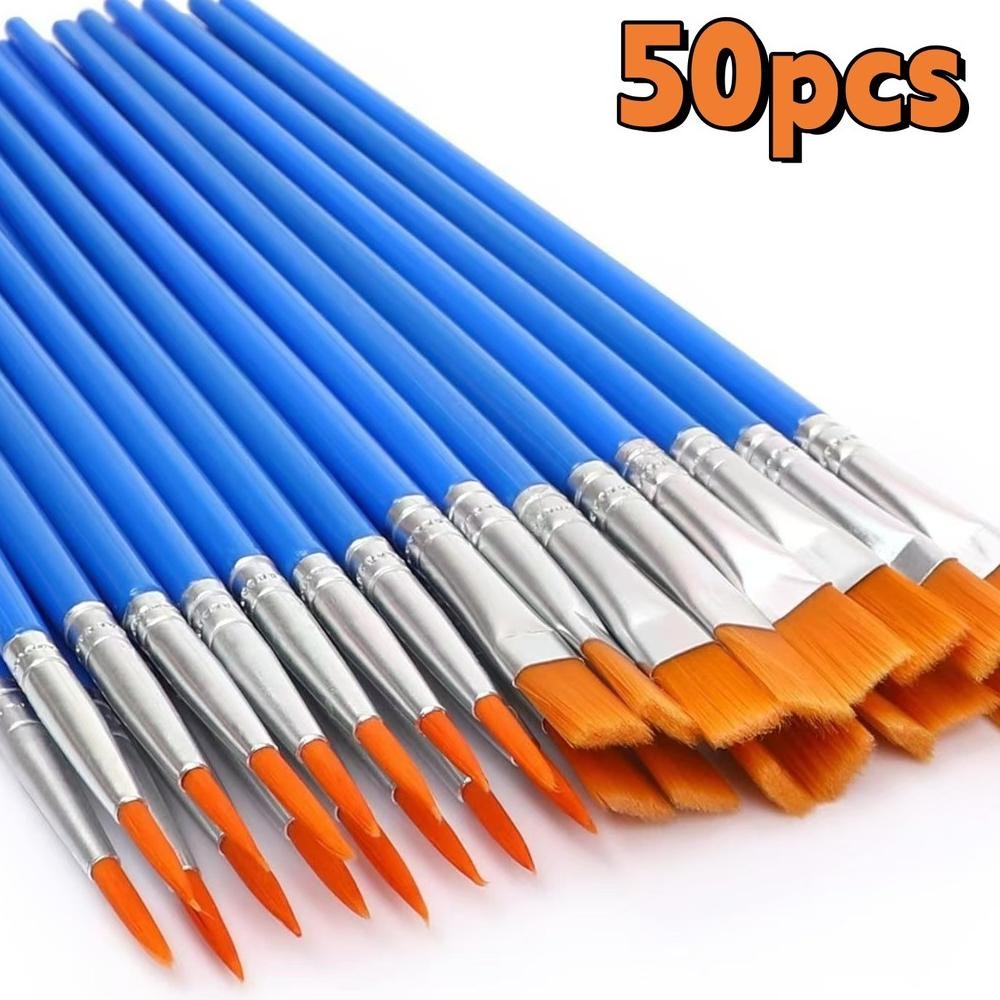 

baru 50pcs kuas akrilik cat air - kuas nilon ujung datar & runcing warna biru